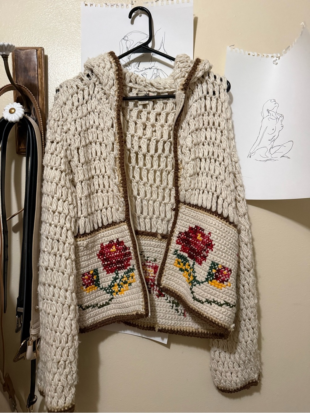 Free People Cream Hooded Crochet Cardigan. It is missing its zipper!